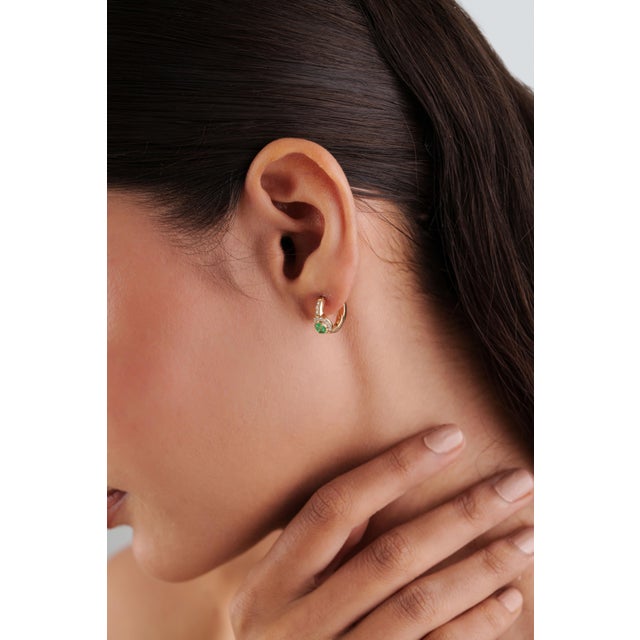 VR Jewels 14k Yellow Gold Oval Natural Emerald Diamond Halo Hoop Earrings- 2 Pieces For Sale - Image 4 of 14