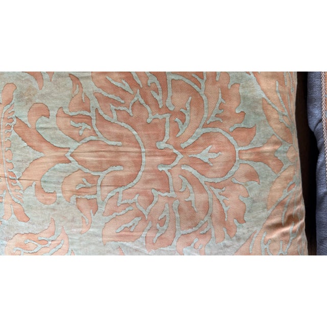 Custom-tailored pillow in Italian Mariano Fortuny cotton fabric with rust/orange and gold colorway. Performance Linen...