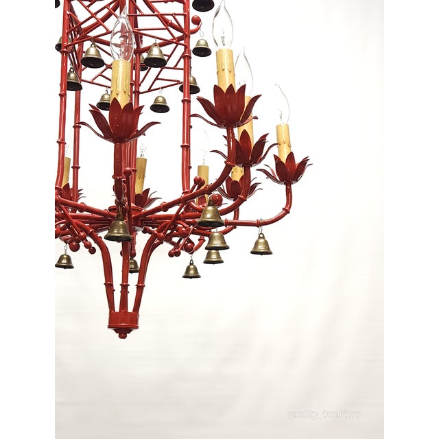 Metal Immense Vintage Italian Tole Faux Bamboo Pagoda Lattice Brass Bell Chandelier ~ Rewired ~ Restored ~ Rejuvenated ~ Ready to Hang ~ For Sale - Image 7 of 12