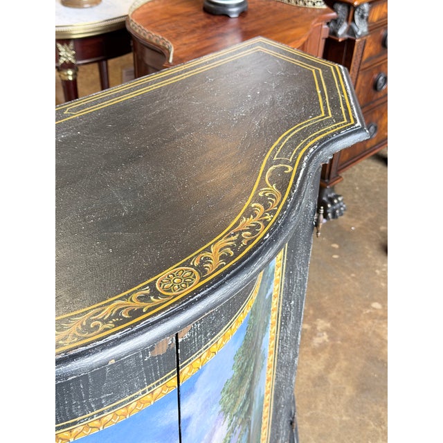 1980s Vintage Italian Hand Painted Curved Front Cabinet in Distressed Black For Sale - Image 5 of 10