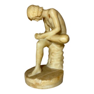 Antique Hand Carved Alabaster Stone Boy With Thorn in Foot Sculpture Statue Art For Sale
