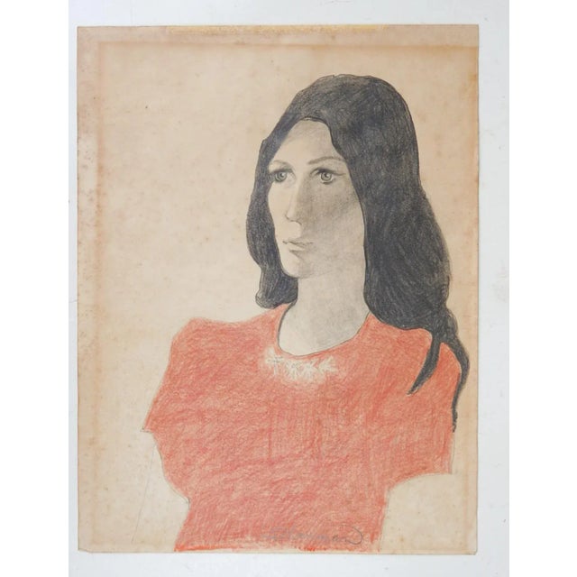 Mid-Century Modern Mid 20th Century Color Portrait of Young Woman Drawing For Sale - Image 3 of 3