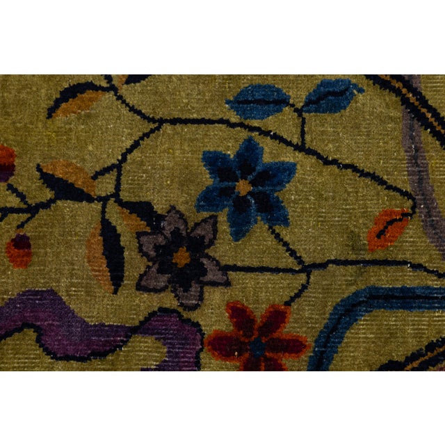 Antique 1920s Art Deco Chinese Rug in Chartreuse Olive and Imperial Violet 9x12 For Sale - Image 11 of 12