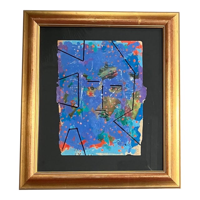1960’s Original Abstract Portrait Painting/ Marker Drawing in Gold Leaf Frame For Sale