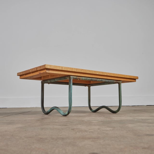 Wood 1950s Bronze Patio Beach Table With Wood Top by Walter Lamb for Brown Jordan, Attributed For Sale - Image 7 of 11