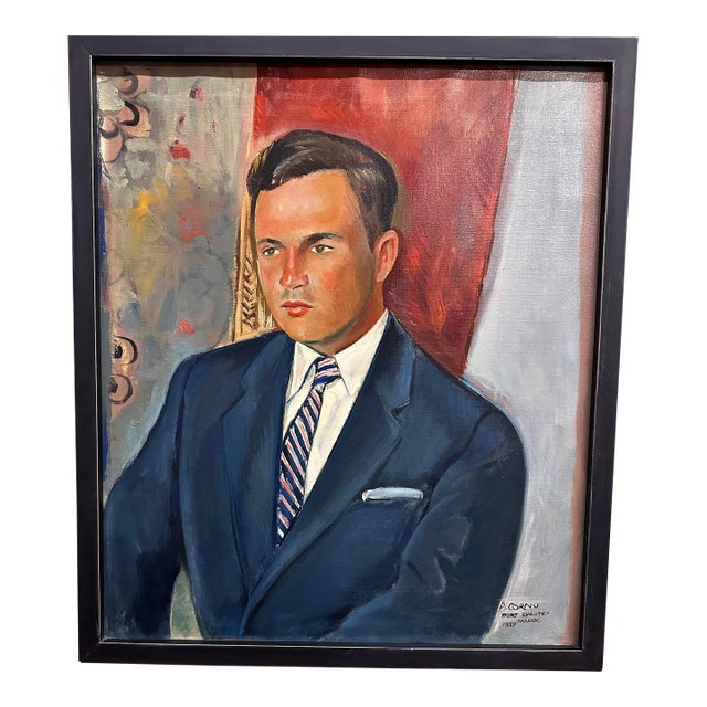 Mid Century Oil Painting of a Gentleman, 1957 Portrait Impressionistic Style, Port Layaute, Morocco, 1957. Artist P. Cornu For Sale