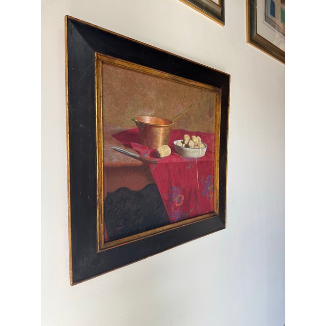 Striking 1960s still life oil on canvas painting by John Bazadona (American, 1948–2000). This richly composed work depicts...
