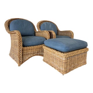 Vintage Organic Modern Braided Rattan Lounge Chairs With Ottoman For Sale