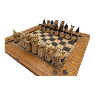 Figural Animal Terracotta Chess Set With Oak-Framed Board For Sale