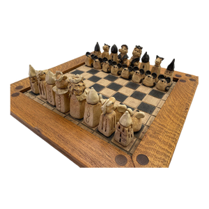 Figural Animal Terracotta Chess Set With Oak-Framed Board