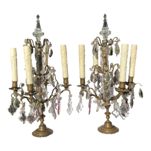 Antique French Bronze Crystal Girandole Table Lamps-a Pair