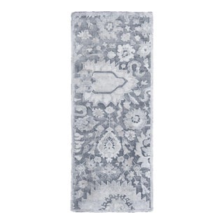 Rug & Kilim's Contemporary Geometric Floral Silver Gray Wool and Silk Rug For Sale