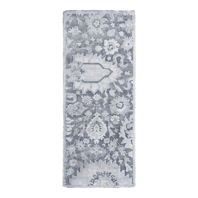 Rug & Kilim's Contemporary Geometric Floral Silver Gray Wool and Silk Rug For Sale