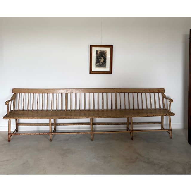 Primitive 10' Long Bench Weathered Original Painted Surface For Sale - Image 4 of 17