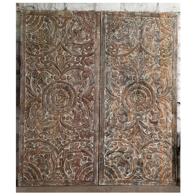 Mid-Century Modern Vintage Hand-Carved Wood Double Doors With Lotus Medallion | Artistic Architectural 80x36 For Sale - Image 3 of 6