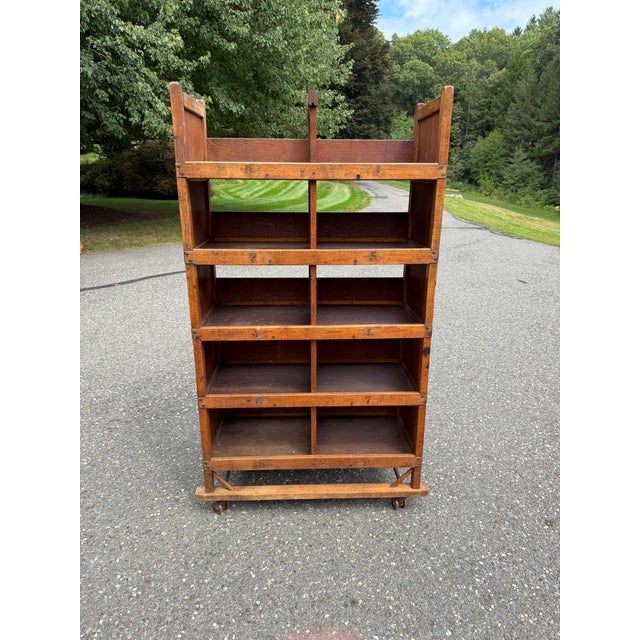 Early 20th Century Maine Shoe Factory Numbered Wood Rolling Cubbies / Industrial Shelving Cart For Sale - Image 11 of 18