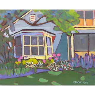 Porch Garden Charm -Original Oil Painting, Colorful Cottage Scene For Sale