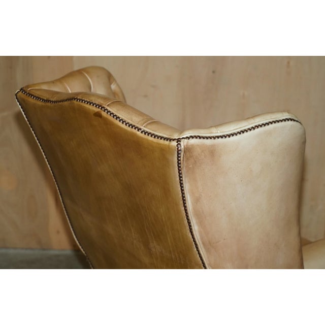 Pair of Vintage Tan Brown Leather Chesterfield Wingback Chairs With Footstools For Sale - Image 10 of 18