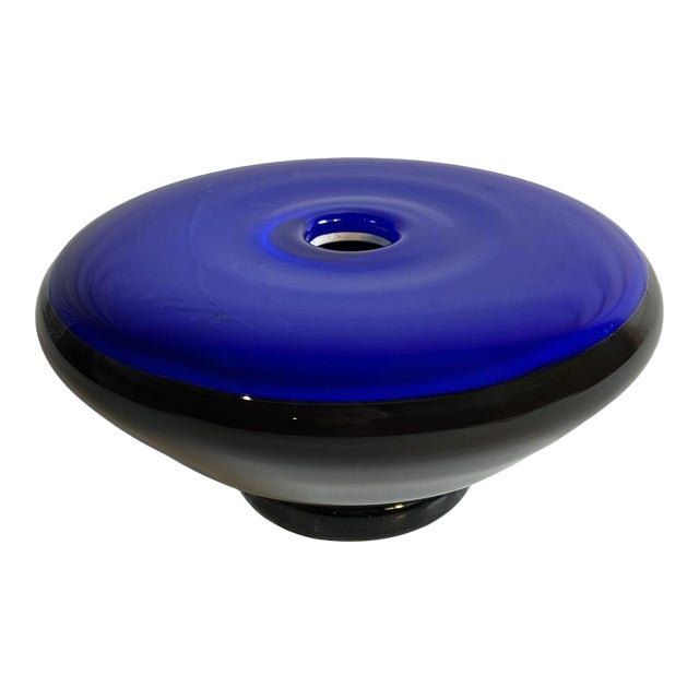 Post Mid Century Modern Handblown Murano Style "Donut" Cobalt Blue and Black Glass Vase For Sale