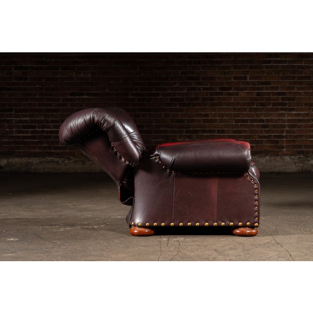 Wood Tufted Churchill Style Recliner With Ottoman in Oxblood For Sale - Image 7 of 15