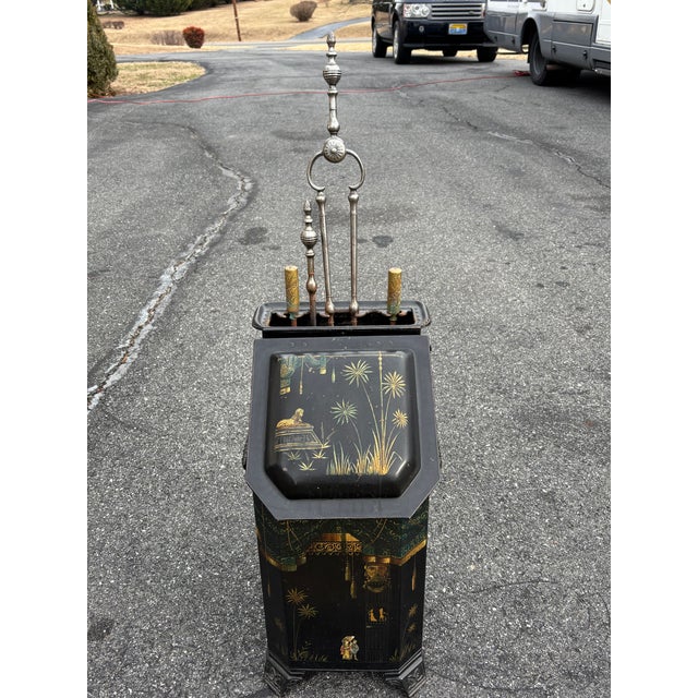 Campaign Late 19th C. Chinoiserie Shepard & Co. Antique Hand Painted Brass Trim Coal Scuttle With Integrated Fireplace Tools For Sale - Image 3 of 17