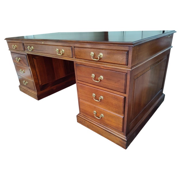 English Vintage Solid Cherry Double Pedestal Executive Desk by Stickley For Sale - Image 3 of 14