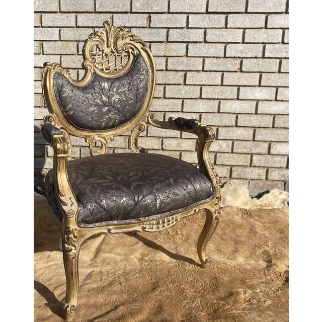Contemporary Antique Style Baroque Gray Armchair of Louis XV Style With Gray "Gobelins" Patterns Fabric and Gilded Wood. Super for Your Classic Rooms. For Sale In New York - Image 6 of 6