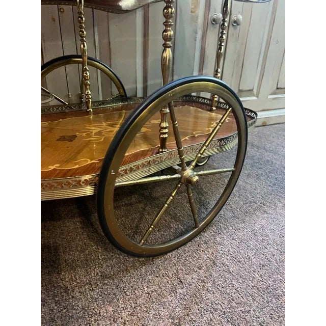 Mid 20th Century Italian Floral Marquetry and Brass Service Bar Cart Trolley For Sale - Image 6 of 10