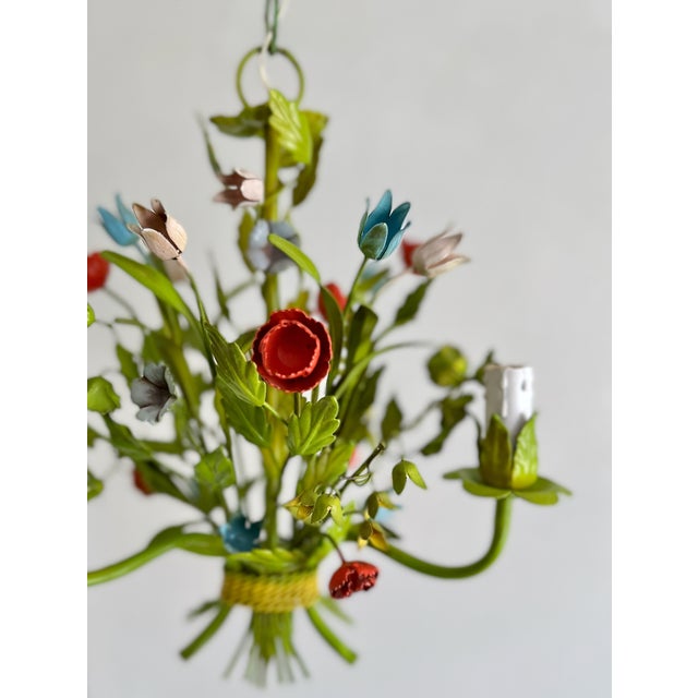 Metal Mid-Century Floral Bouquet 3-Light Chandelier in Green Painted Tole Metal, 1960s For Sale - Image 7 of 16
