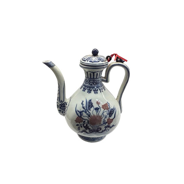 Chinese Blue White Wine Jar Shape Floral Graphic Porcelain Art For Sale - Image 4 of 7