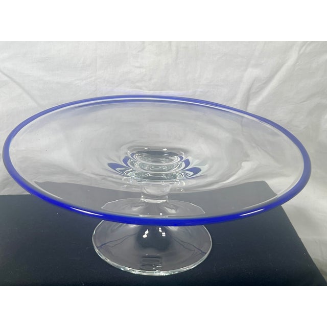 Vintage Hand-Blown Cake Stand With Cover, Cobalt Blue Trim For Sale - Image 4 of 7