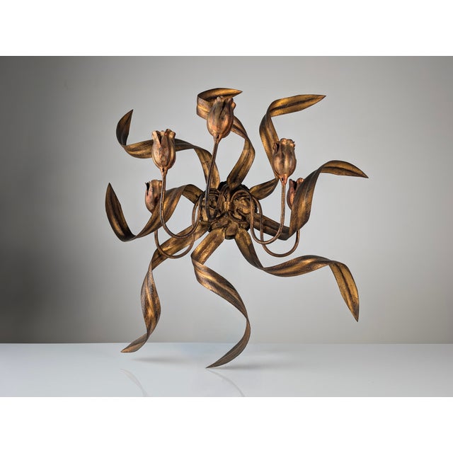 Elegant wall sconce from the 60s, made of wrought iron with a gold finish, standing out for its five tulip-shaped...