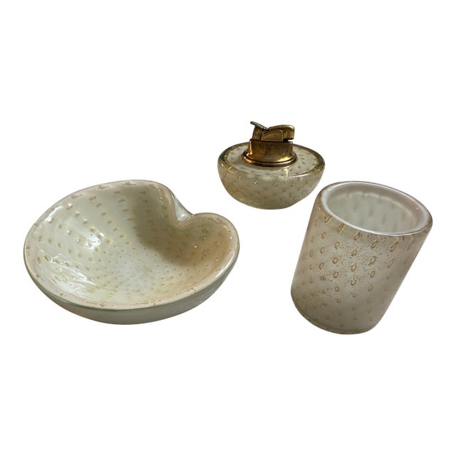 Mid 20th Century Murano Art Glass Smoking Set, Bullicante White With Gold Flecks For Sale