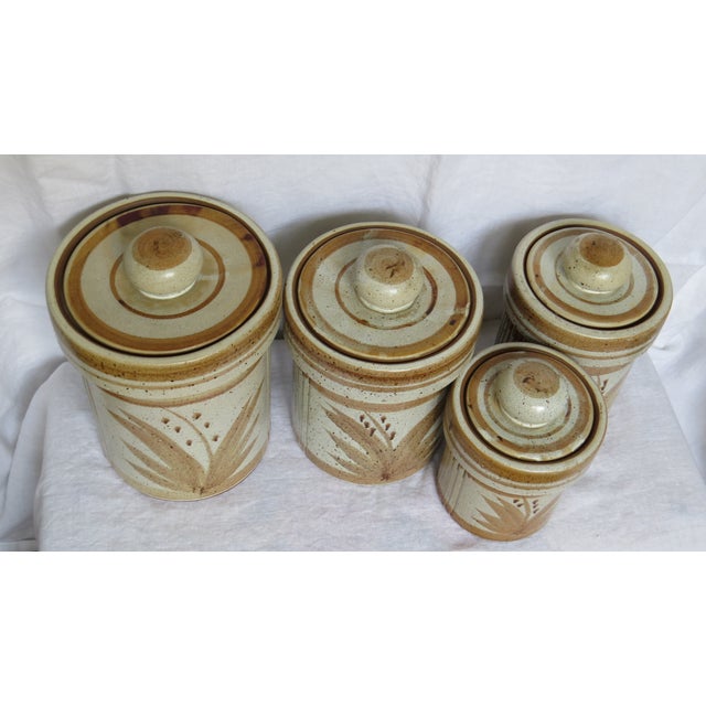 Ceramic Mid Century Earthenware Hand Painted Pottery Lidded Canisters- Set of 4 For Sale - Image 7 of 12
