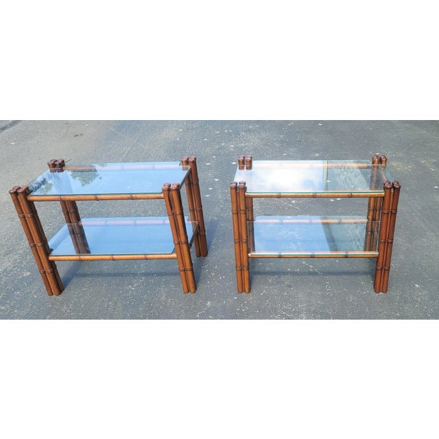 Regency Style Faux Bamboo Mahogany Two Tier Glass Side Tables. A Pair For Sale In Washington DC - Image 6 of 13