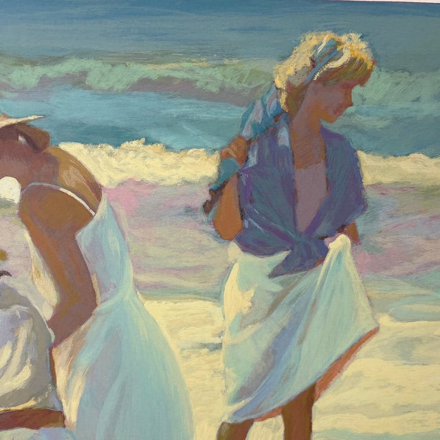 A large scale delightful rendition of family of figures on the shore. A light-filled impressionist rendering of a modern...