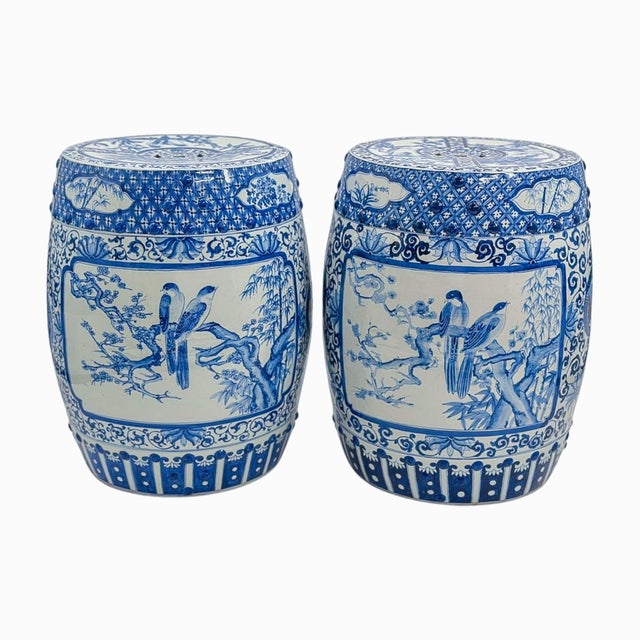 Chinoiserie Late 20th Century Pair of Blue and White Chinoiserie Porcelain Garden Stools For Sale - Image 3 of 14