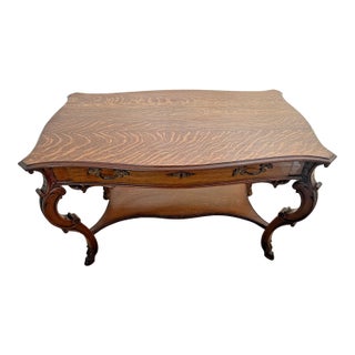 Victorian French Desk, Ram Hoof Leg Feet, Quarter Sawed Tiger Oak, Bottom Shelf For Sale