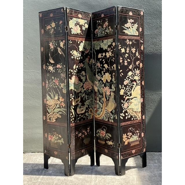 Chinoiserie Vintage Chinoiserie Four Panel Folding Screen For Sale - Image 3 of 12