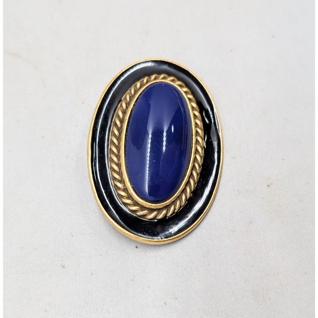 1980s Vintage 1980s Signed Ysl Oval Goldtone Cabochon Faux-Lapis & Black Enamel Brooch For Sale - Image 5 of 7