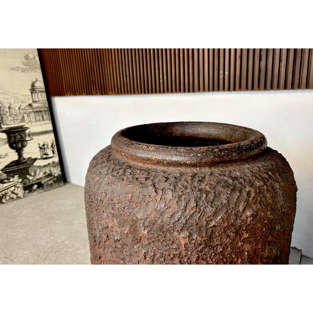 Brown Large Rustic Terracotta Ceramic Floor Vase with Concrete and Iron Base, Germany, 1950s For Sale - Image 8 of 18