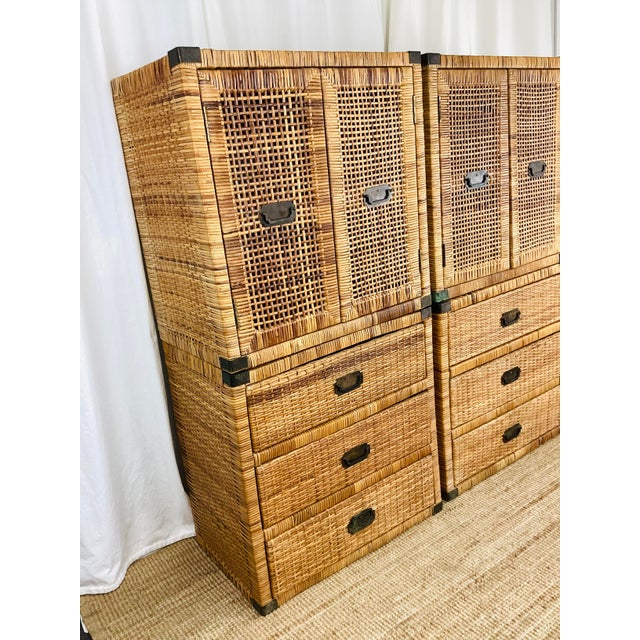 1970s Vintage Pair of Woven Rattan Chest on Chest Dressers Boho Chic Campaign Style For Sale - Image 5 of 15