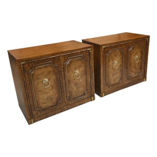 Pair of Mid 20th Century Weiman Faux Bamboo 2-Door (Burl Front) Server Cabinets For Sale