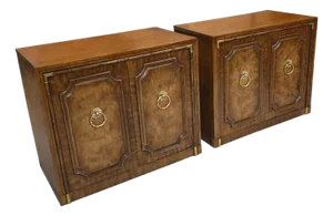 Pair of Mid 20th Century Weiman Faux Bamboo 2-Door (Burl Front) Server Cabinets