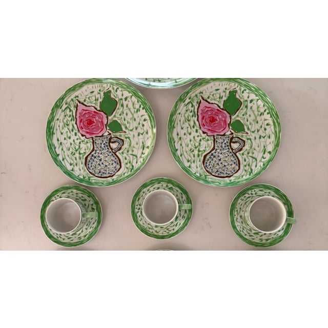 Taste Setter by Sigma Gloria Vanderbilt's Green and Pink Rose Dinnerware for Taste Setter by Sigma-Set of 12 For Sale - Image 4 of 7