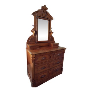 Late 19th Century Victorian Wishbone Mirror Dresser With Carved Fruit Pulls For Sale