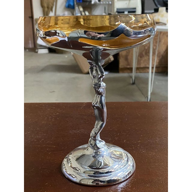 1930s Chrome Farberware Nude Women Art Deco Compote with Amber Glass Cup For Sale - Image 11 of 11