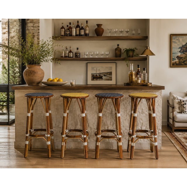 Wood Maison Gatti Parisian Rattan Bistro Bar Stools in Navy & Yellow -Set of 4 For Sale - Image 7 of 7