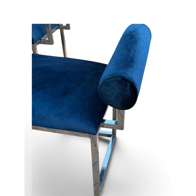 2020s Pair of Hollywood Regency Cobalt Blue Velvet & Chrome Benches For Sale - Image 5 of 11