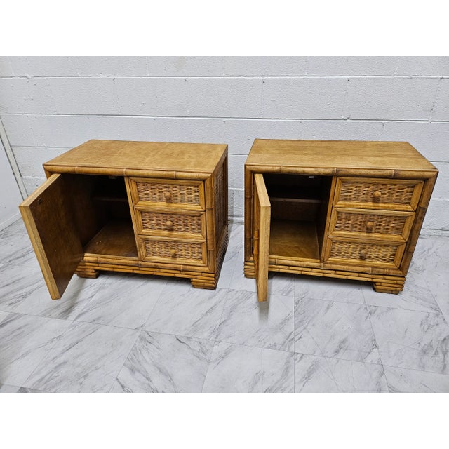Mid-Century Modern 1970s American of Martinsville Rattan Night Stands - a Pair For Sale - Image 3 of 12